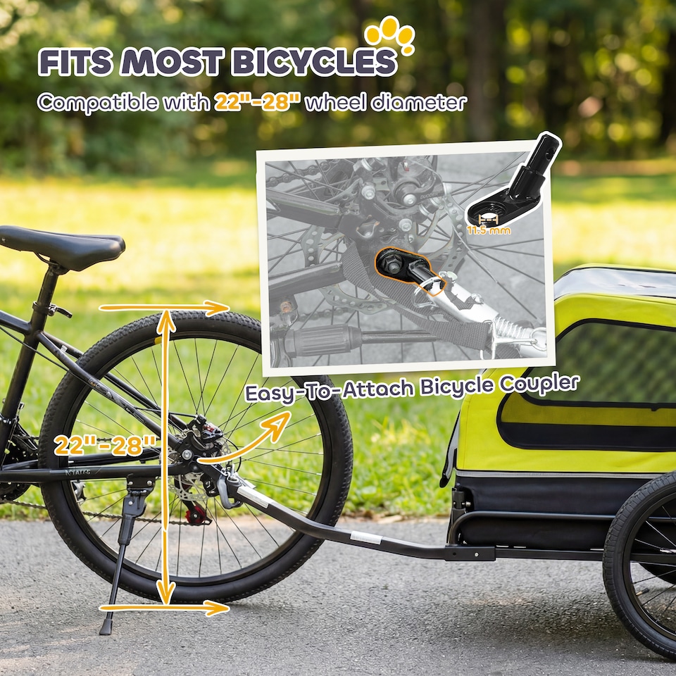 image 1 of PawHut Dog Bike Trailer w/ Flip-Down Ramp Tailgate, Reflectors | Yellow | Yellow, Black | 138L x 69W x 70H cm