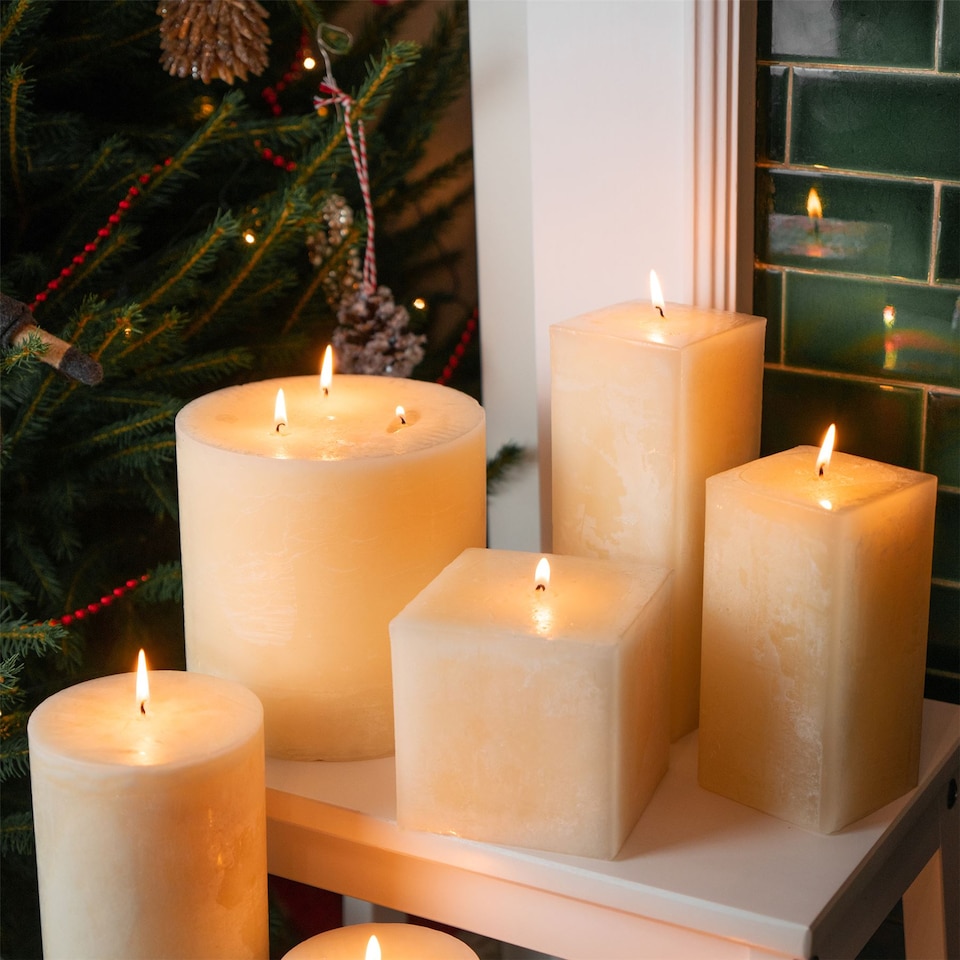 image 1 of Nicola Spring Square Vanilla Pillar Candle - 120 Hours - Cream | Cream | Beige