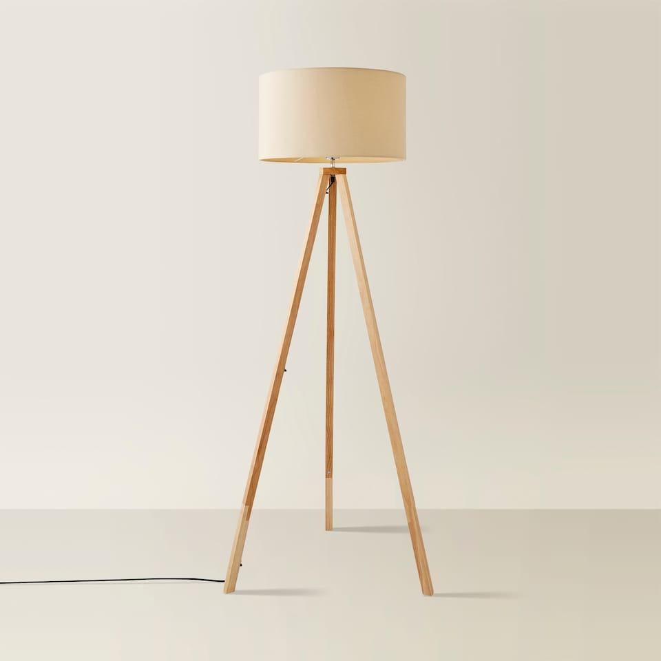 image 1 of ValueLights Barbro Wood Tripod Floor Light Lamp Natural Shade | Cream