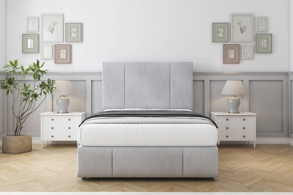 image 1 of Sloomy Lisbon Silver Naples Divan Bed With Mattress No Drawers With 54" Floor Standing Headboard & 12" Matching Footboard 5' King | Silver | Silver | King | 1