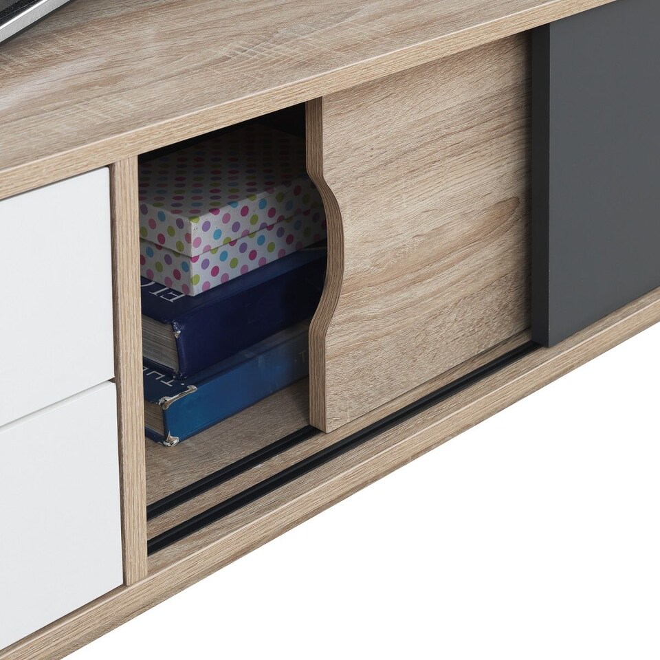 image 1 of Alford Scandinavian TV Unit Stand 120cm Media Cabinet & Drawers Oak Grey