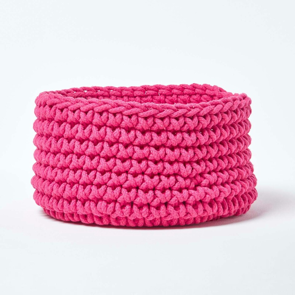 image 1 of Homescapes Hot Pink Cotton Knitted Round Storage Basket - 37 x 21 cm Pink | M