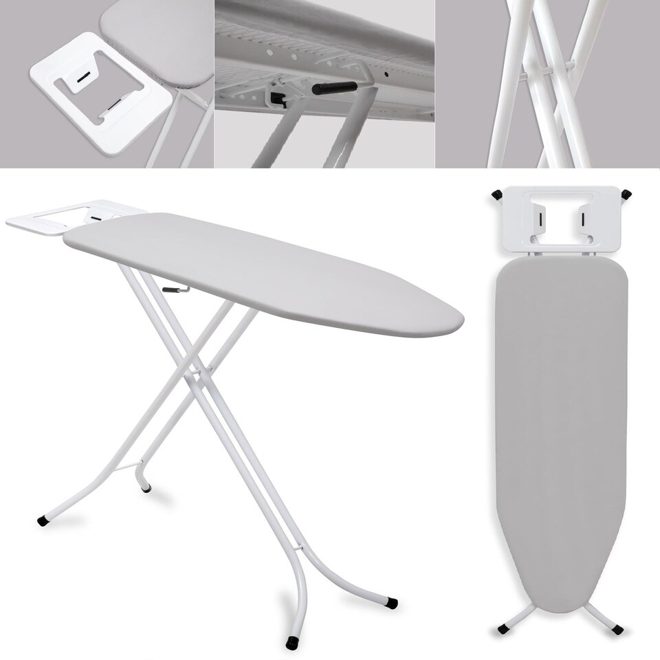 image 1 of Gr8 Home Ironing Board Folding Adjustable Non Slip Feet And Iron Rack Grey White 110x34cm