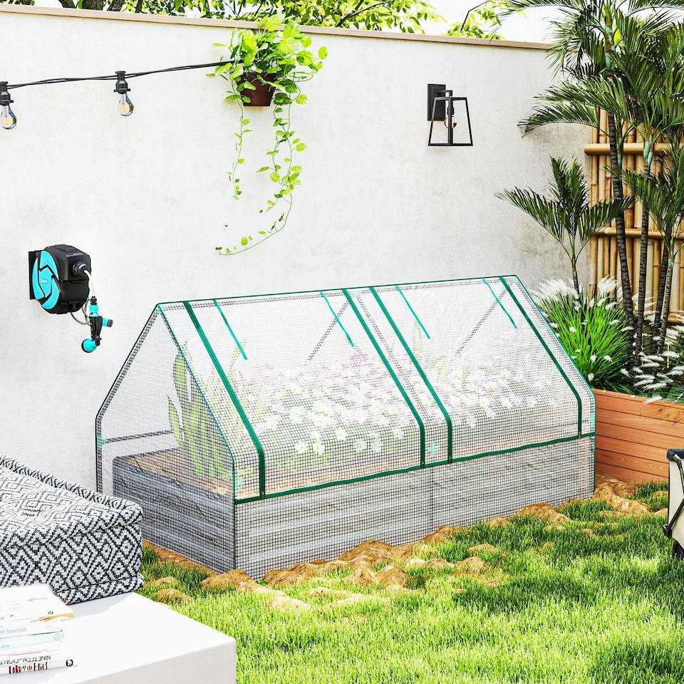 image 1 of Outsunny Raised Garden Bed Planter Box with Greenhouse, White and Dark Grey