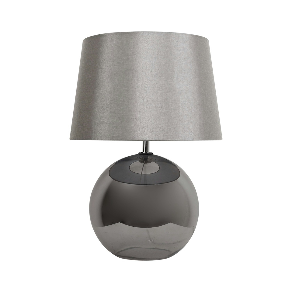 image 1 of First Choice Lighting Set of 2 Ball Smoked Glass Table Lamps with Grey Fabric Shades Grey | Grey