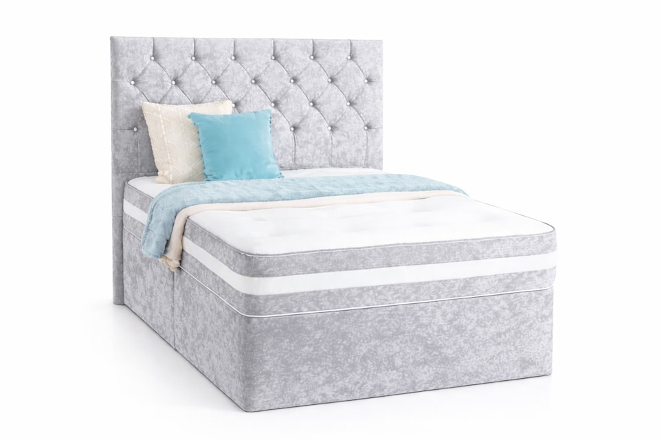 Chesterfield Silver Crushed Velvet Double 4ft6  Divan Bed With 54inch Floorstanding Headboard and Mattress 2 Drawers Same Side