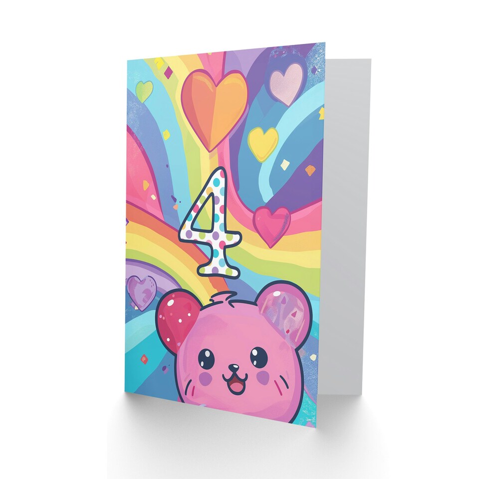 image 1 of Rainbow Kawaii Cartoon Hamster Bear Cute 4th 4 Year Old Kids Birthday Card