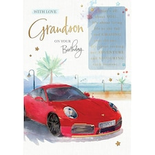 Words 'n' Wishes Traditional GRANDSON Birthday Card - Red Sports Car - 9 x 6.25 Inches - Words 'n' Wishes