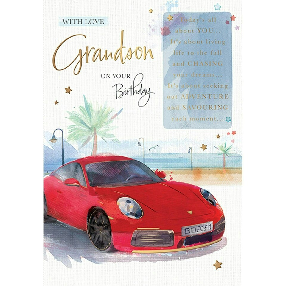 Words 'n' Wishes Traditional GRANDSON Birthday Card - Red Sports Car - 9 x 6.25 Inches - Words 'n' Wishes