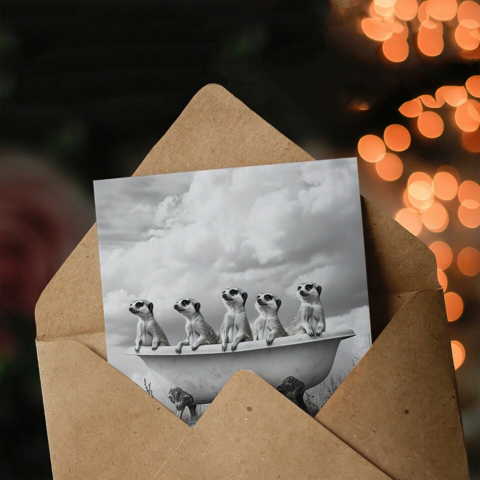 image 1 of Meerkats in a Bathtub in Desert Black White Photo Birthday Greeting Card