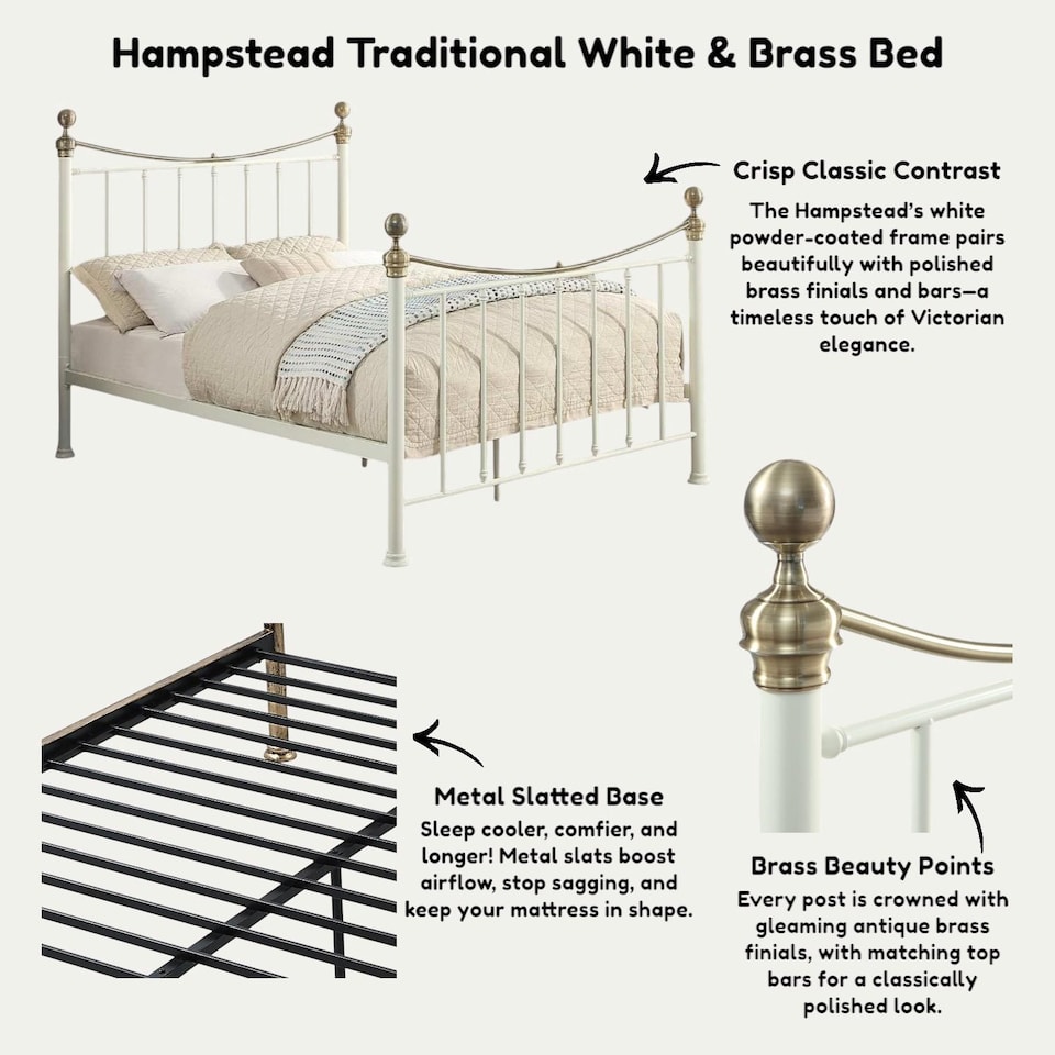 image 1 of Hampstead Traditional Style Metal Bed Frame | White | White & Brass | King