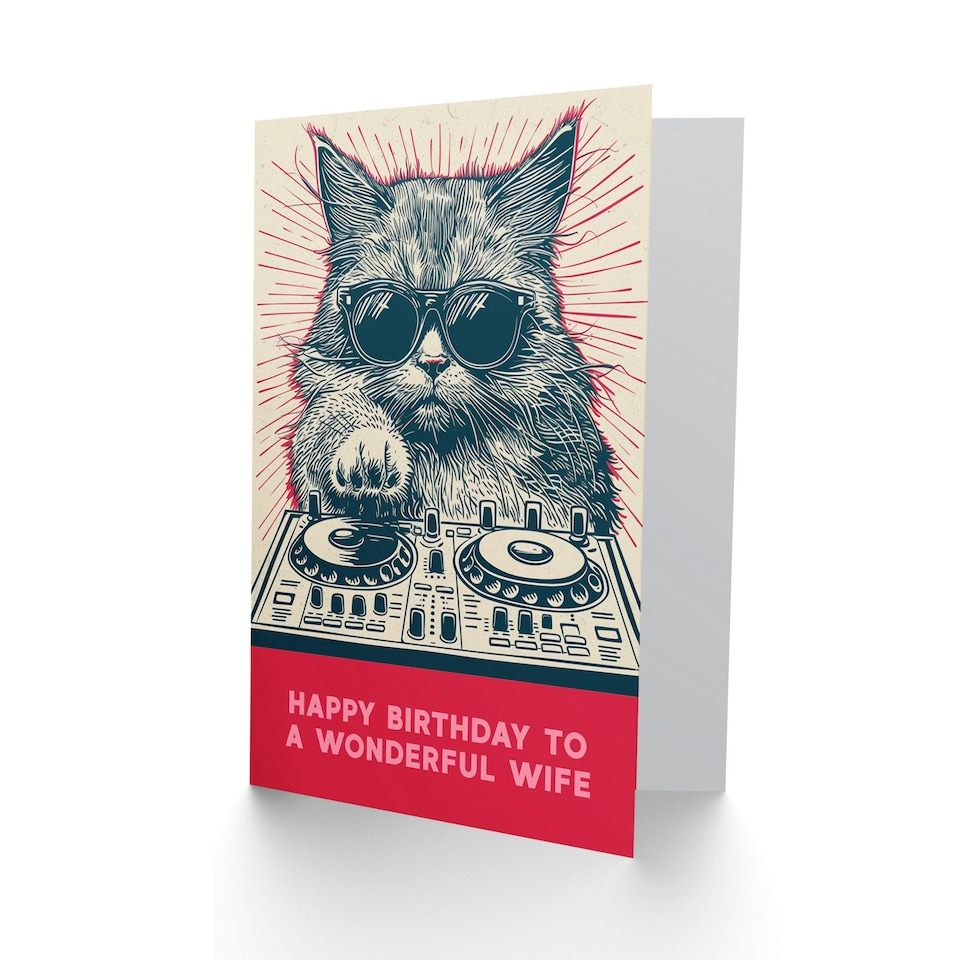 image 1 of DJ Moggie Cat Retro Cool On Decks Fun Cat Wife Funny Birthday Card
