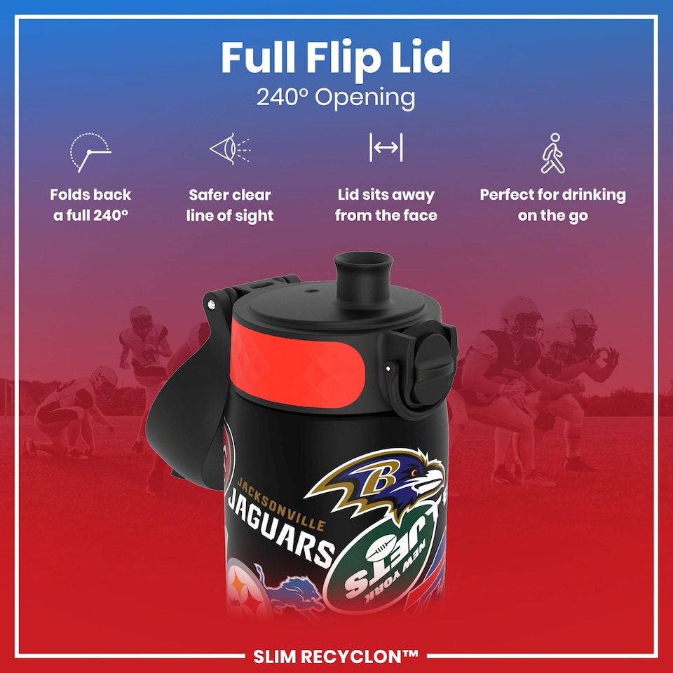 image 1 of Leak Proof Slim Water Bottle, BPA Free, NFL, 500ml (18oz) | Black | NFL Patch Logos | One Size