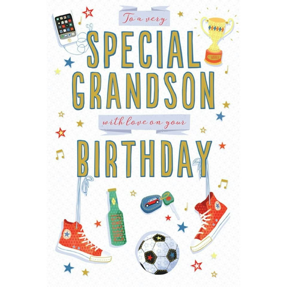 Words 'n' Wishes - Grandson 'Happy Birthday' Card - Fun Illustrated Design with Converse and Trophy - for Him - Lovely Gold Foil Finish