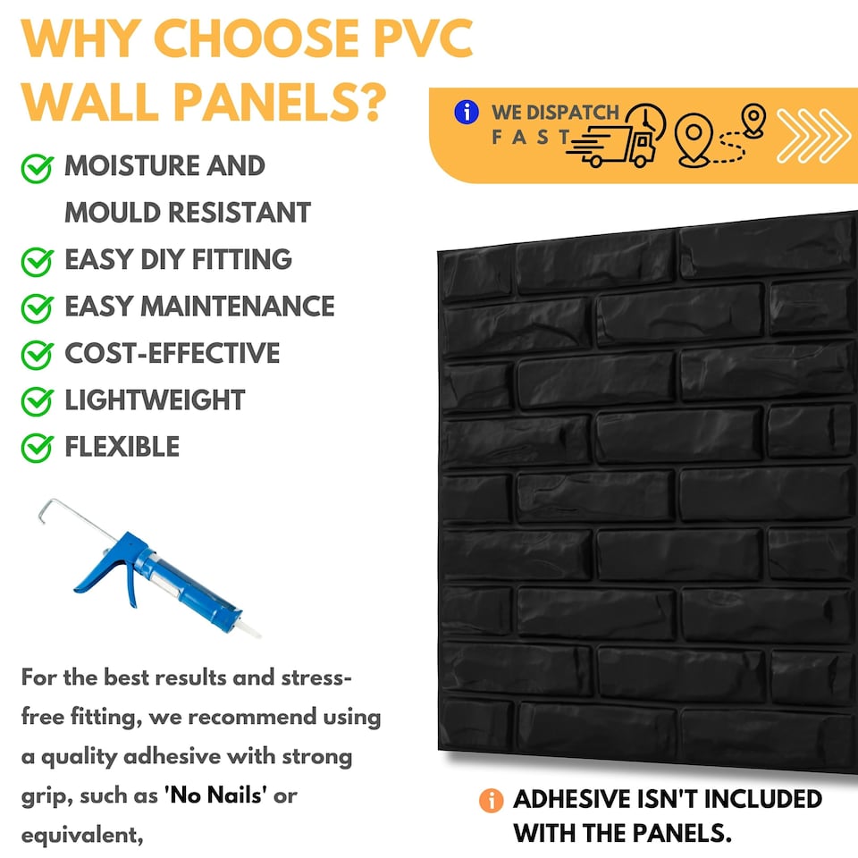 image 1 of NOVECRAFTO Brick Effect 3D Wall Panels – 6 Sheets Covering 1.5m² | 16.15ft² Interior Cladding Set | Urban Brick Design – Each Panel 50x50cm Classic Brick Black