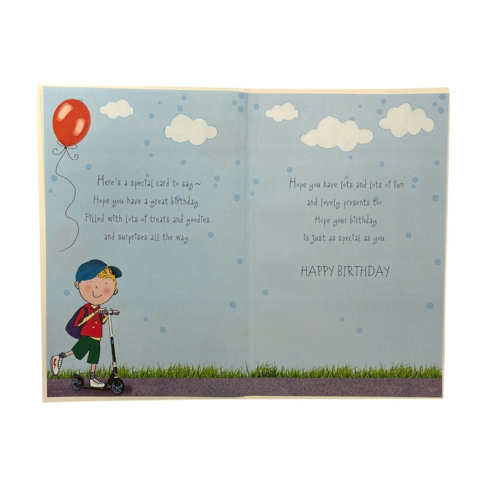 image 1 of Age 06 Boy Riding A Scooter Juvenile Birthday Card With Badge
