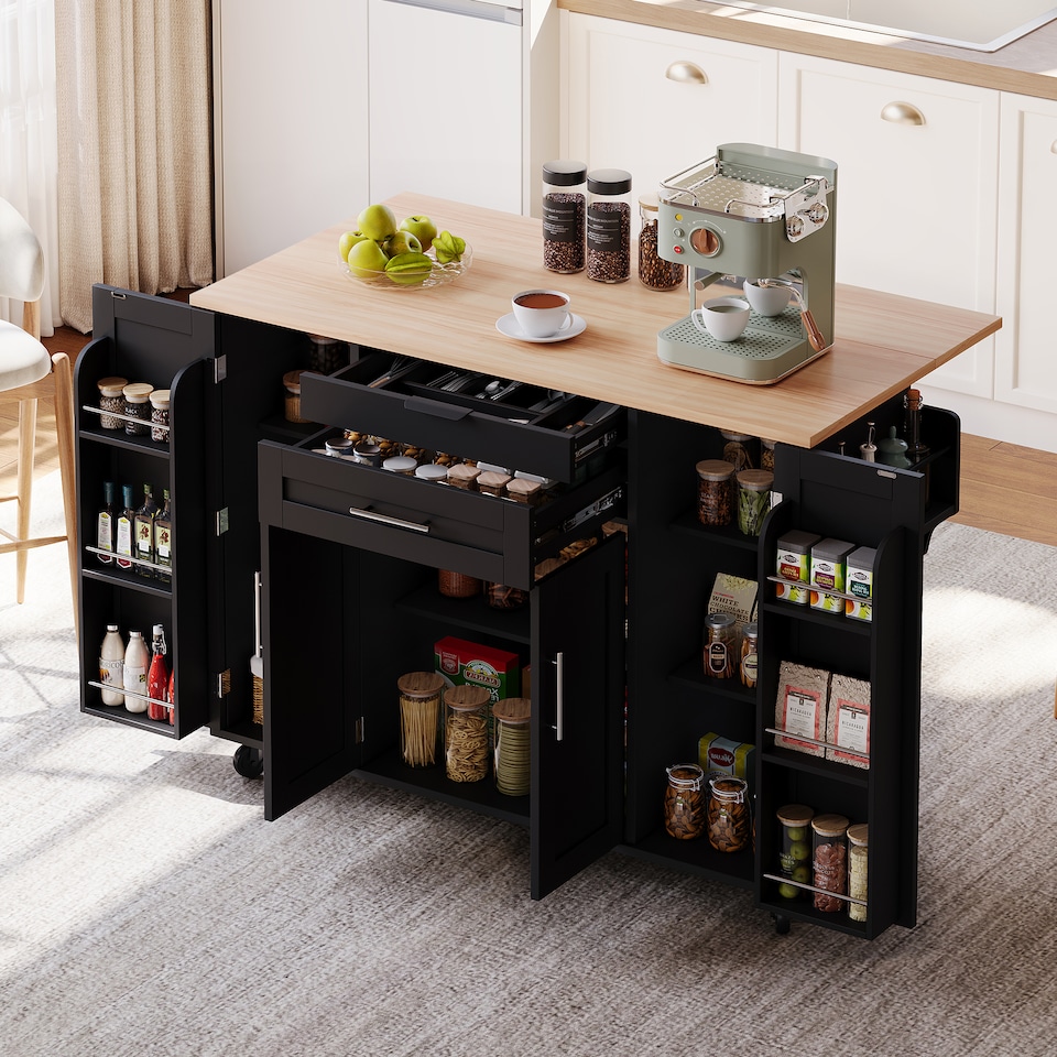 image 1 of VILUXE Mobile Kitchen Island with Foldable Worktop, Hidden Cutlery Drawer, Large Drawer, Adjustable Shelves, Door Racks, Towel Rack, Spice Rack and 5 Wheels, Black and Natural Wood