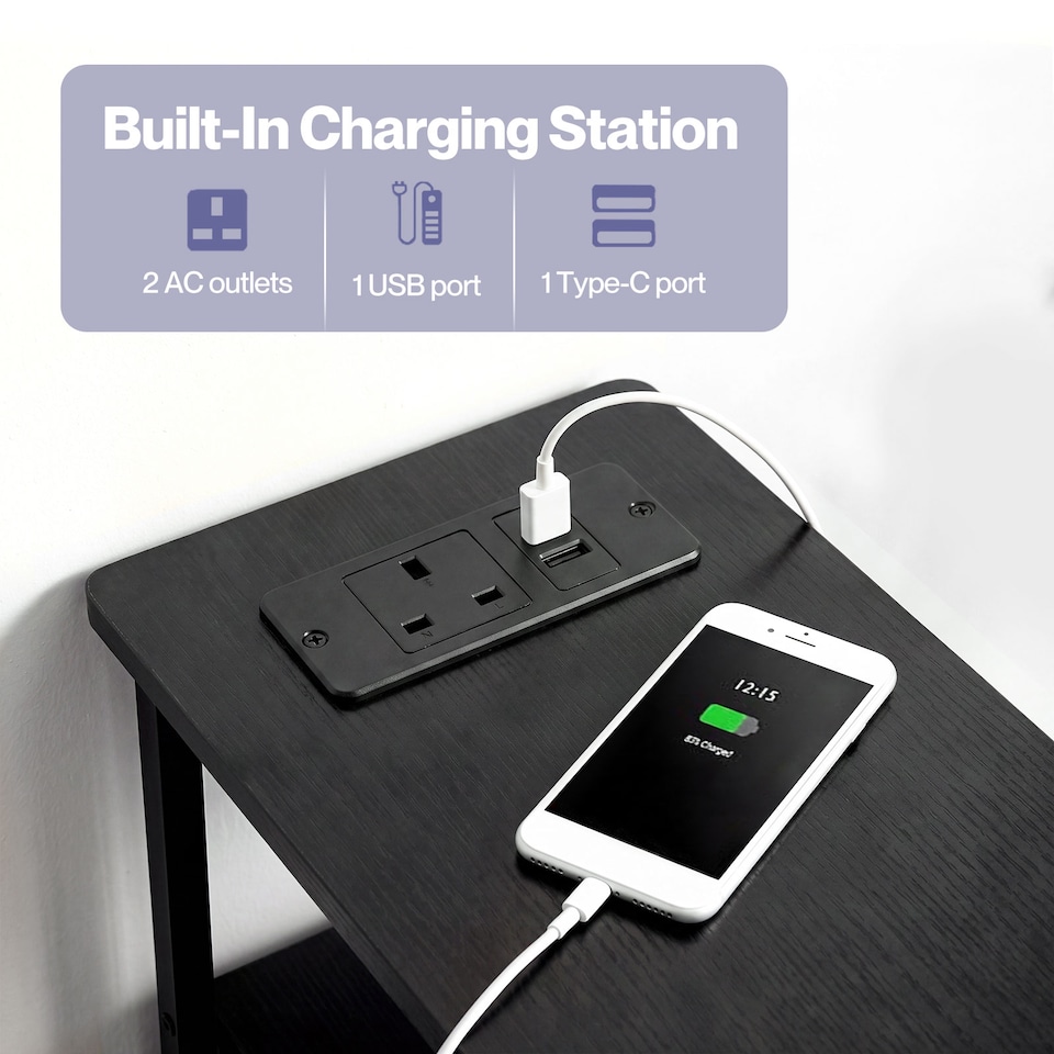image 1 of Levede Bedside Table Narrow Side Table with LED Charging Station Storage Black