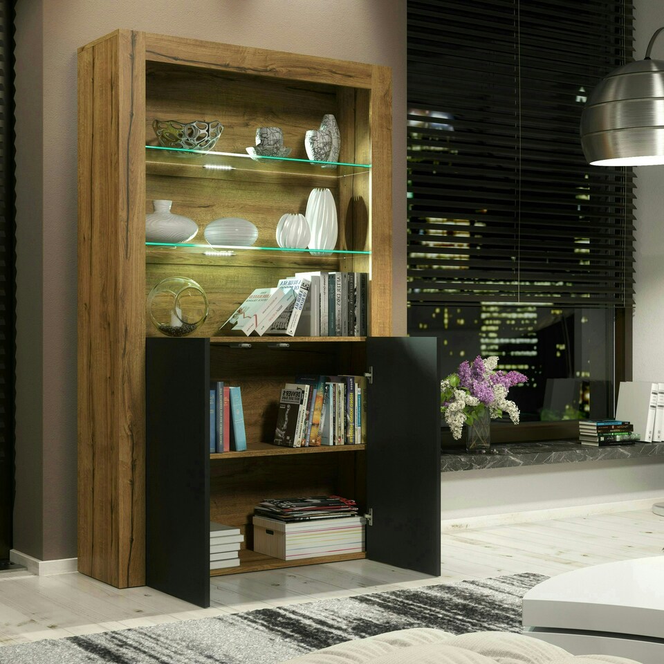 image 1 of Oak Display Cabinet 100cm Matt Finish Free LED Modern Tall Storage Unit Multi | Oak & Black
