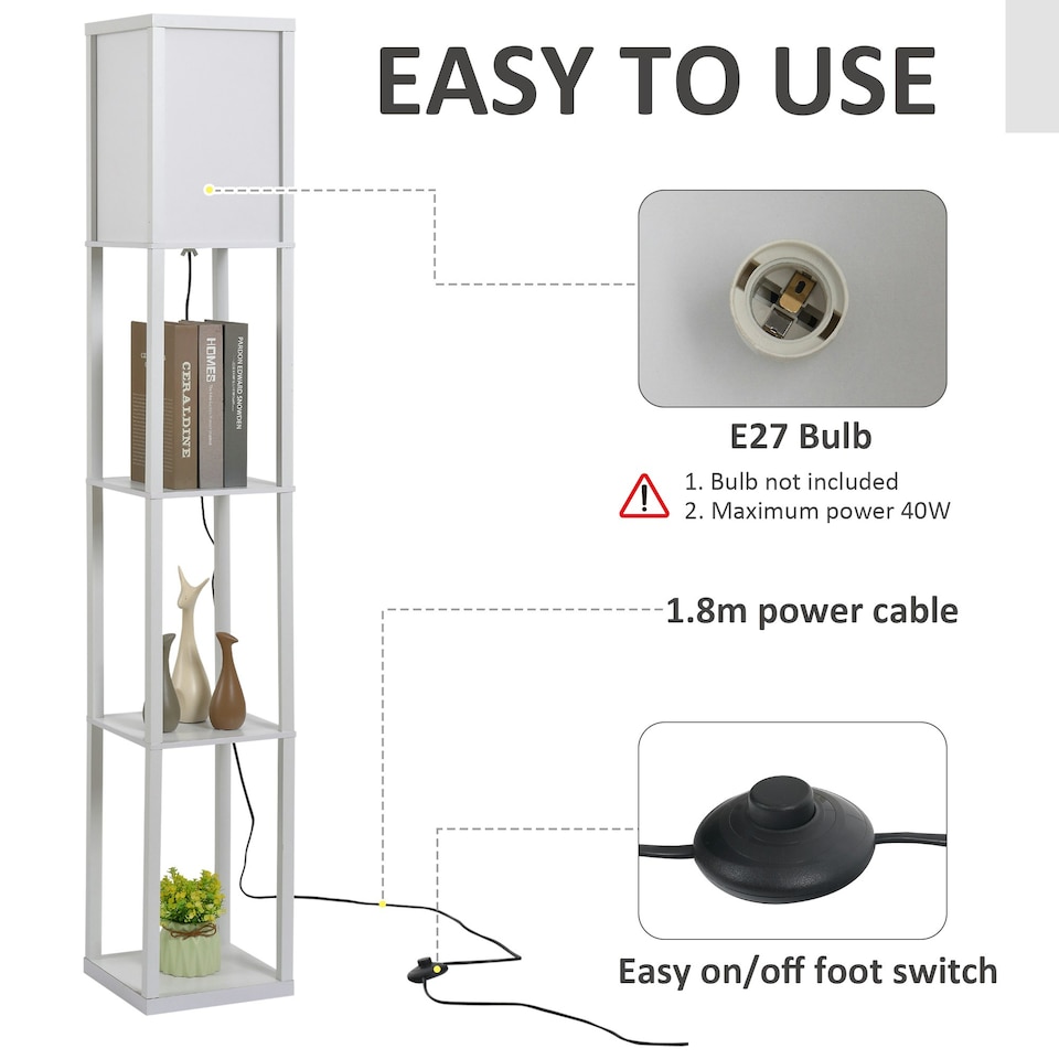image 1 of HOMCOM Floor Lamp Reading Lamp with 3-Tier Storage Shelf for Home Office White