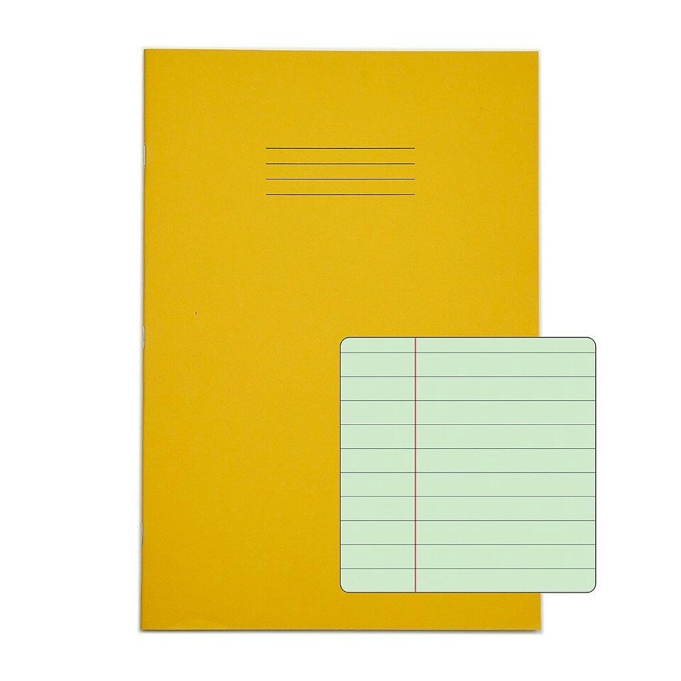 image 1 of Pack of 10 Rhino A4 48 Page Yellow with Green Tinted Paper 8mm Lined with Margin Exercise Books
