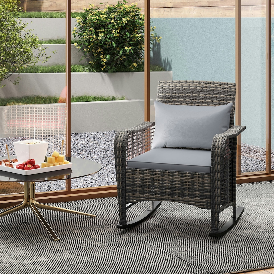 image 1 of Outsunny Rattan Garden Rocking Chair with Seat and Back Cushions Grey | Light Grey
