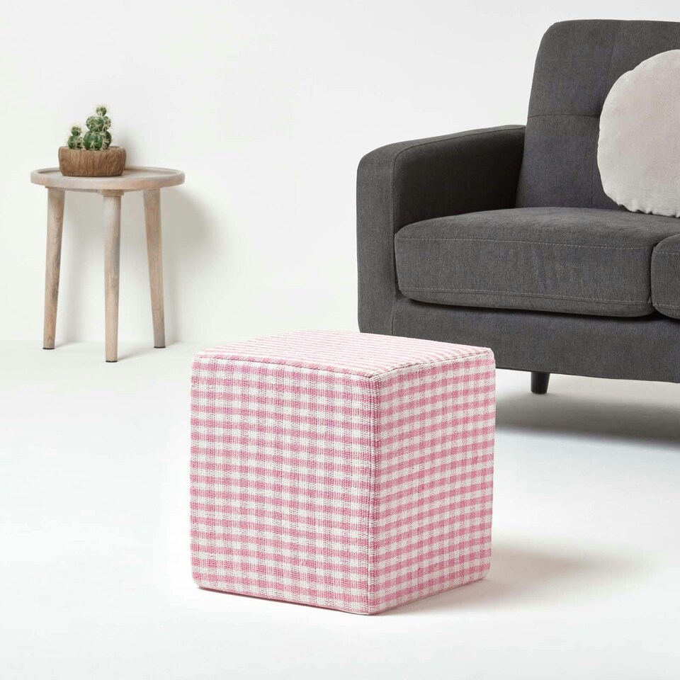 image 1 of Homescapes Pink Gingham Check Cotton Cube Pouffe - 36 x 36 x 38 cm | Pink | 36 x 36 x 38 cm