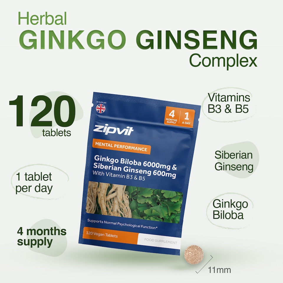 image 1 of Zipvit Ginkgo Biloba 6000mg & Siberian Ginseng 600mg with Vitamin B3 & B5, Energy & Mental Performance, 120 Vegan Tablets, 4-Month Supply
