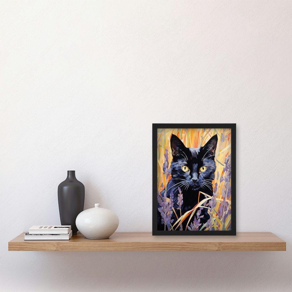 image 1 of Cat Lavender Meadow Floral Animal Portrait Black Framed Wall Art Print A4
