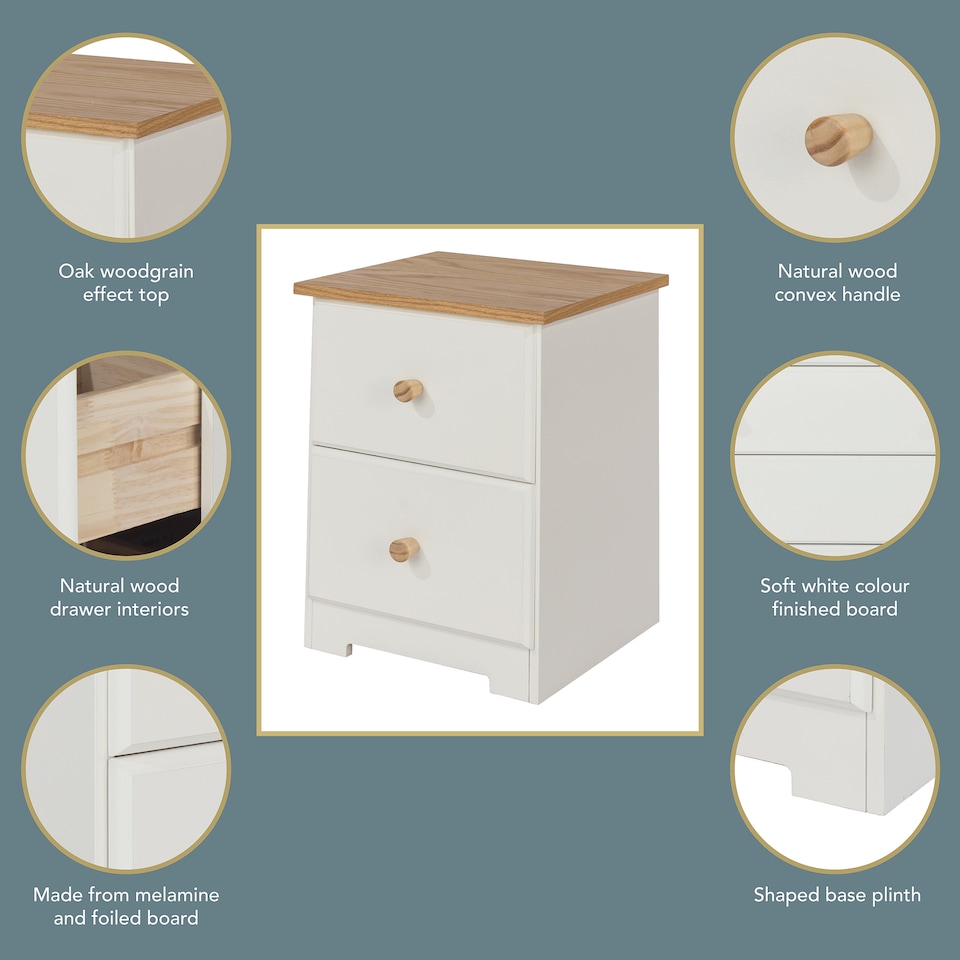image 1 of Colorado 2 Drawer Bedside Cabinet Soft White Painted Finish with Oak Woodgrain Top, Bedroom Furniture | White | Soft White | 1