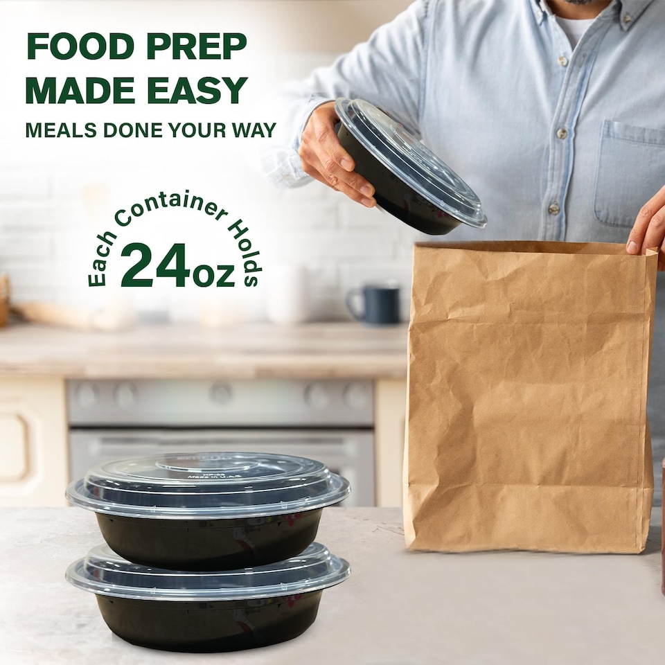 image 1 of ECONX 24oz Black Round Plastic Meal Prep Container With Lids Reusable BPA Free Food Containers 50pc