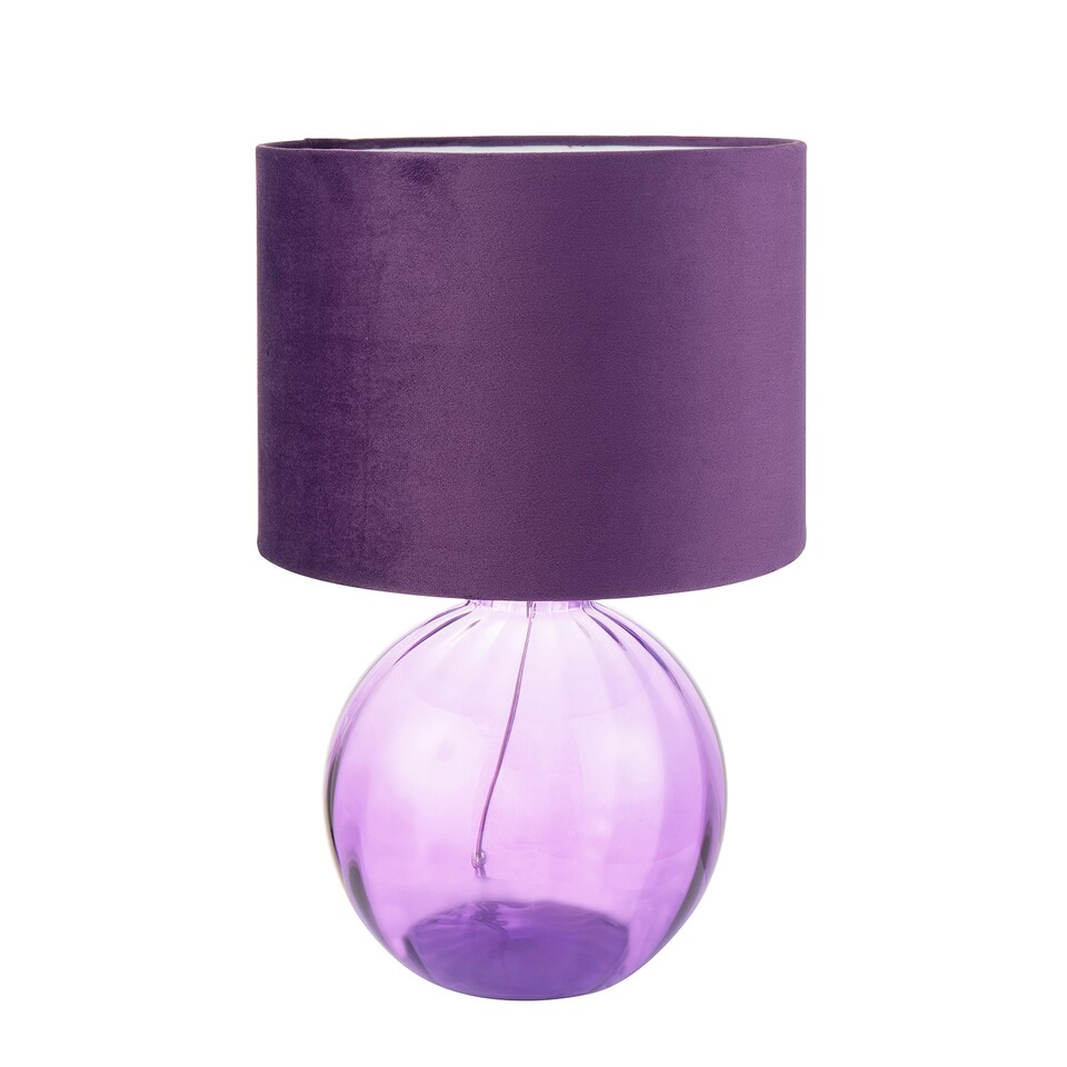 image 1 of Contemporary Deep Purple Ribbed Glass Table Lamp with Soft Velvet Fabric Shade | Purple