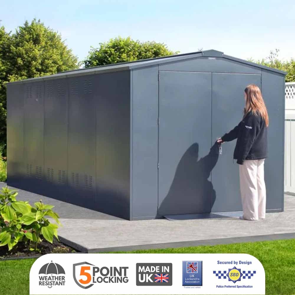 ASGARD Gladiator Secured by Design High Security metal garden shed in GREY with full metal floor and 5 point locking (7 x 18)