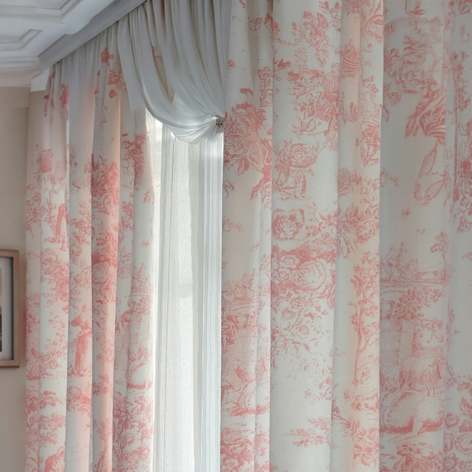 image 1 of Toile De Jouy Decorative Pink or Blue Elegant Curtains, 137cm and 183cm, 100% Cotton Pink | 137cm width x 168cm drop