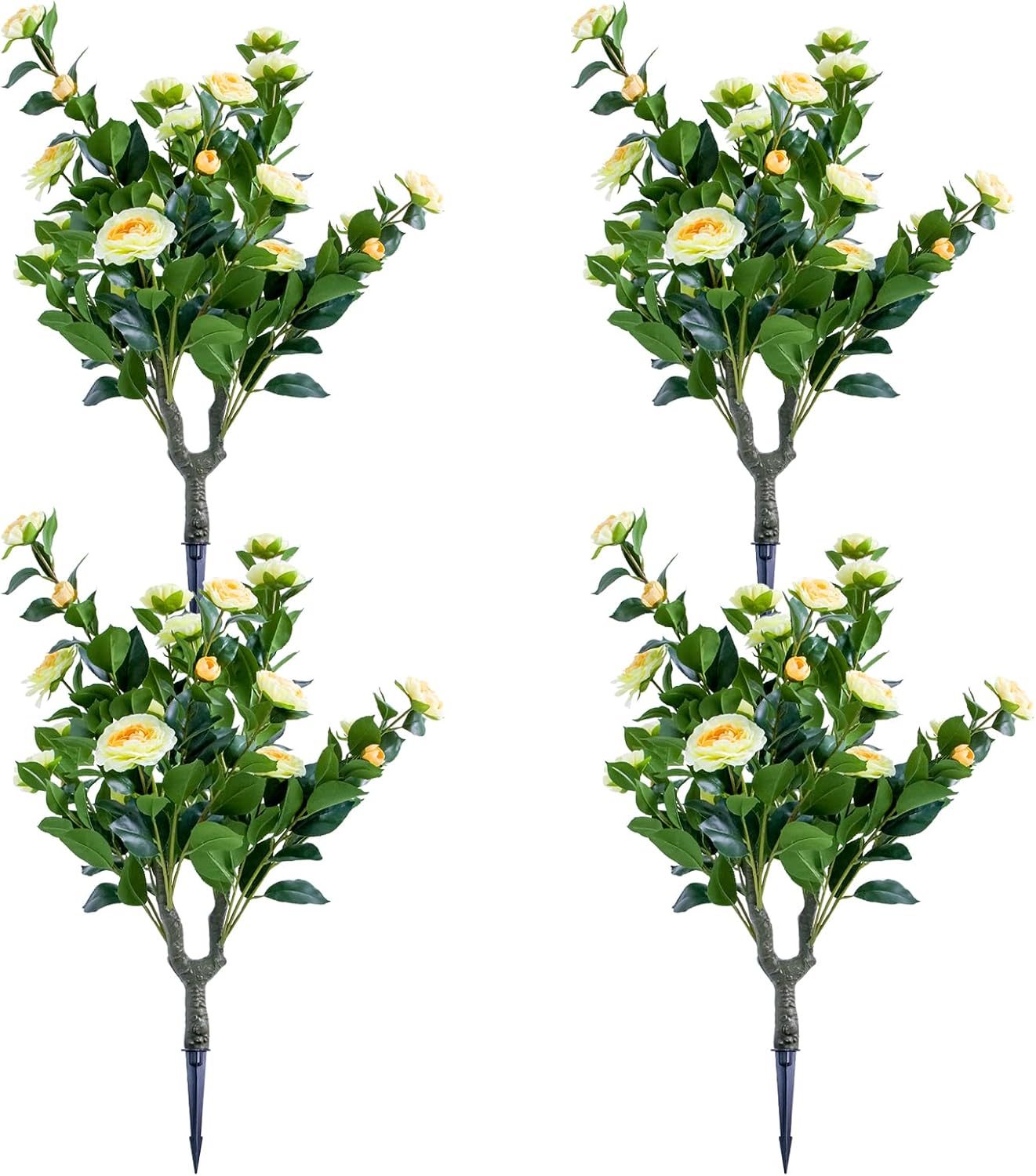 London Boutique UV Resistant Artificial Topiary Trees Set of 4 with Yellow Camellia Flowers – Weatherproof Faux Plant Decor, Realistic PE Leaves, Meta