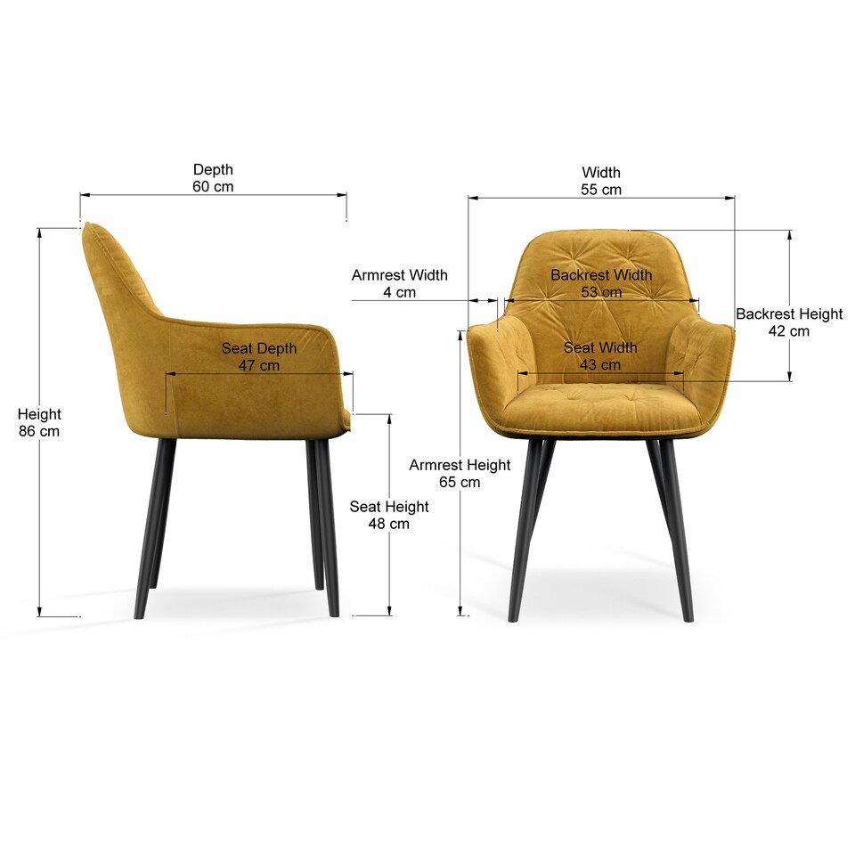 image 1 of Set Of 2 Anika Modern Velvet Dining Chair Padded Seat Metal Legs (Mustard) | Yellow | Mustard | One Size