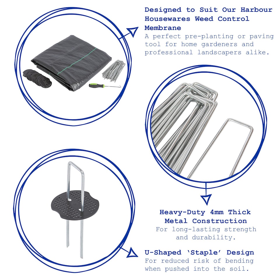 image 1 of Harbour Housewares Garden Pegs, Buffer Washer Plate & Removal Tool Set - 150mm Staples 4mm Thickness Galvanised Steel Stake | Silver | Silver | One Size | 200