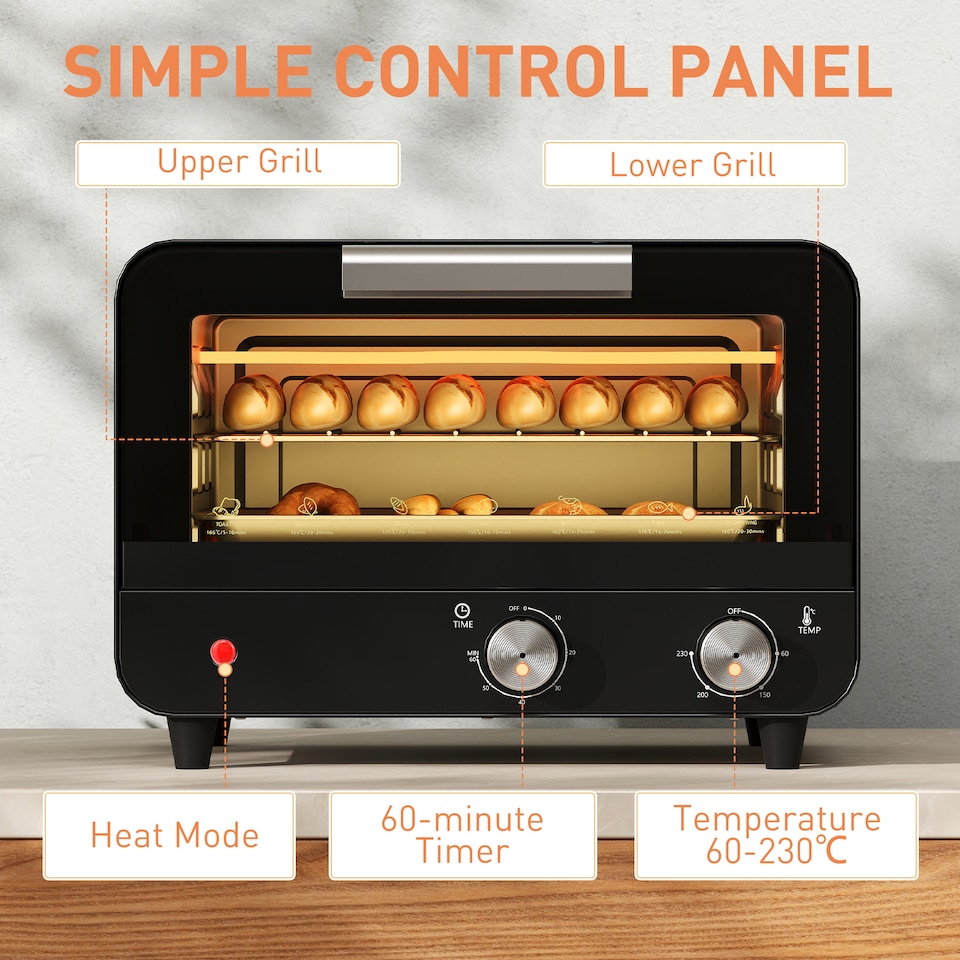 image 1 of HOMCOM Small Toaster Oven, 12L Mini Countertop Oven with Glass Door, Black