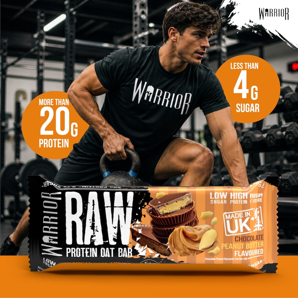 image 1 of Warrior RAW Protein Bars 12 x 75g – 20g High Protein Bar, Low Sugar High Fibre Oat Protein Flapjack – Protein Snacks, Meal Replacement Bars (Chocolate Peanut Butter)