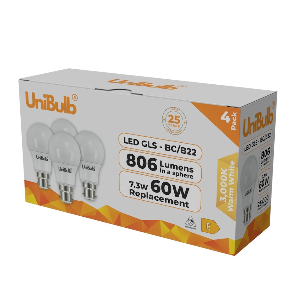 image 1 of UniBulb LED GLS B22 806lm 7.3W 3000K (Warm White) Light Bulb - Pack of 4