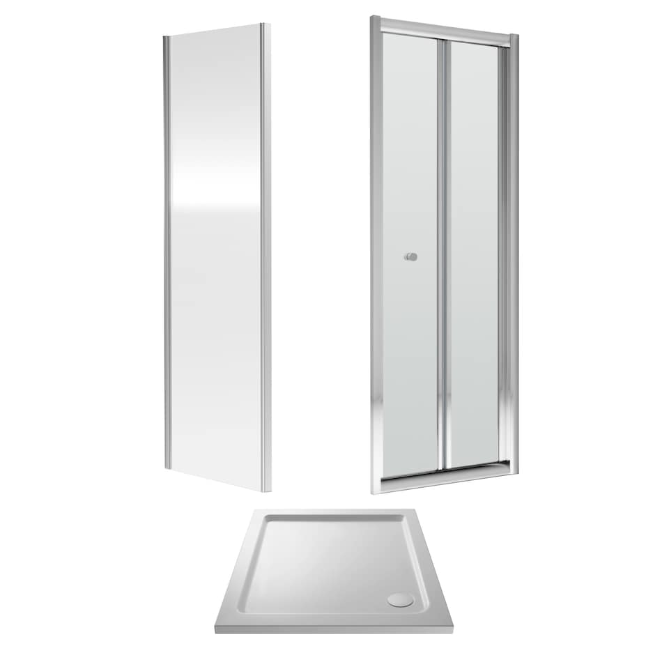 image 1 of Ruwa Square Bi-Fold & 4mm Glass 760x760mm Tray Door Side Panel Chrome | Silver | Chrome | 3