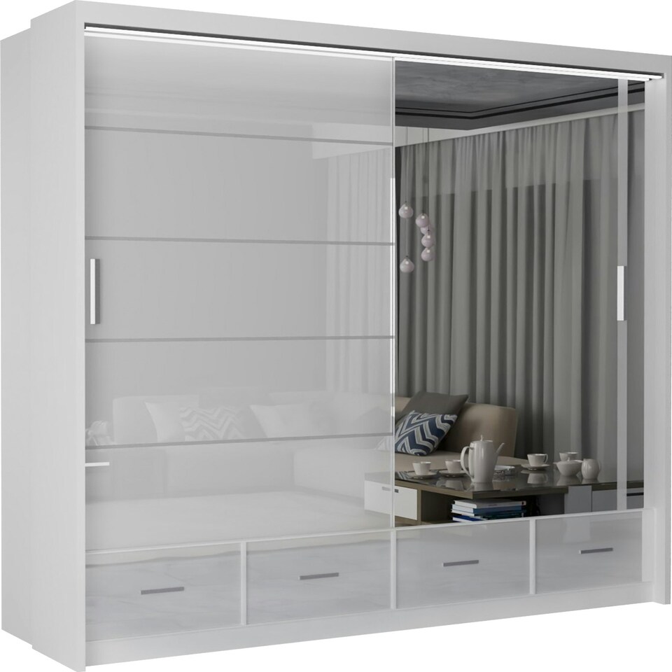 image 1 of Sleek High Gloss Sliding Wardrobe 203cm with Drawers | White/Black/Grey 2-Door Bedroom Storage Black | Black203cm
