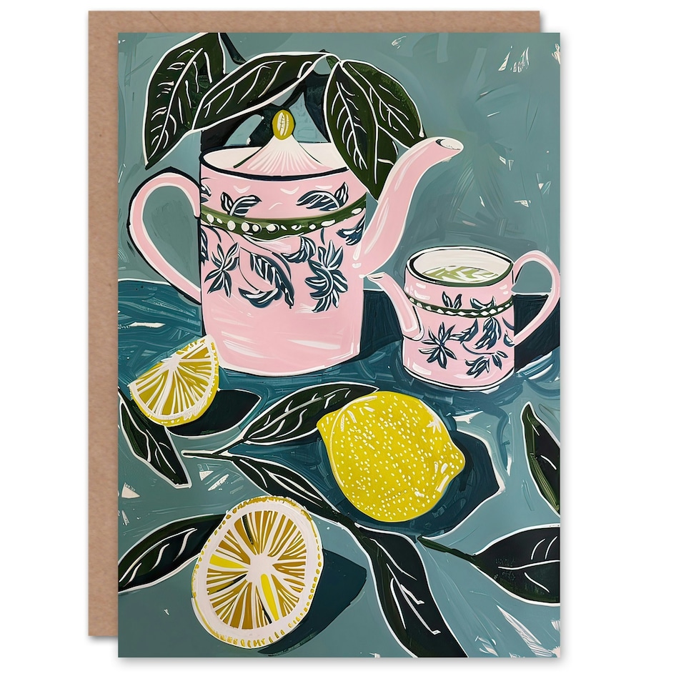 image 1 of Pink Teapot Teacup Lemons Bal Quirky Him Her Birthday Card