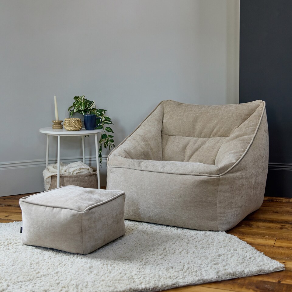 image 1 of Natalia Chenille Adults Bean Bag Armchair and Pouffe, Ready Filled Large Beanbag and Footstool Natural Beige | Cream | Beige | 2