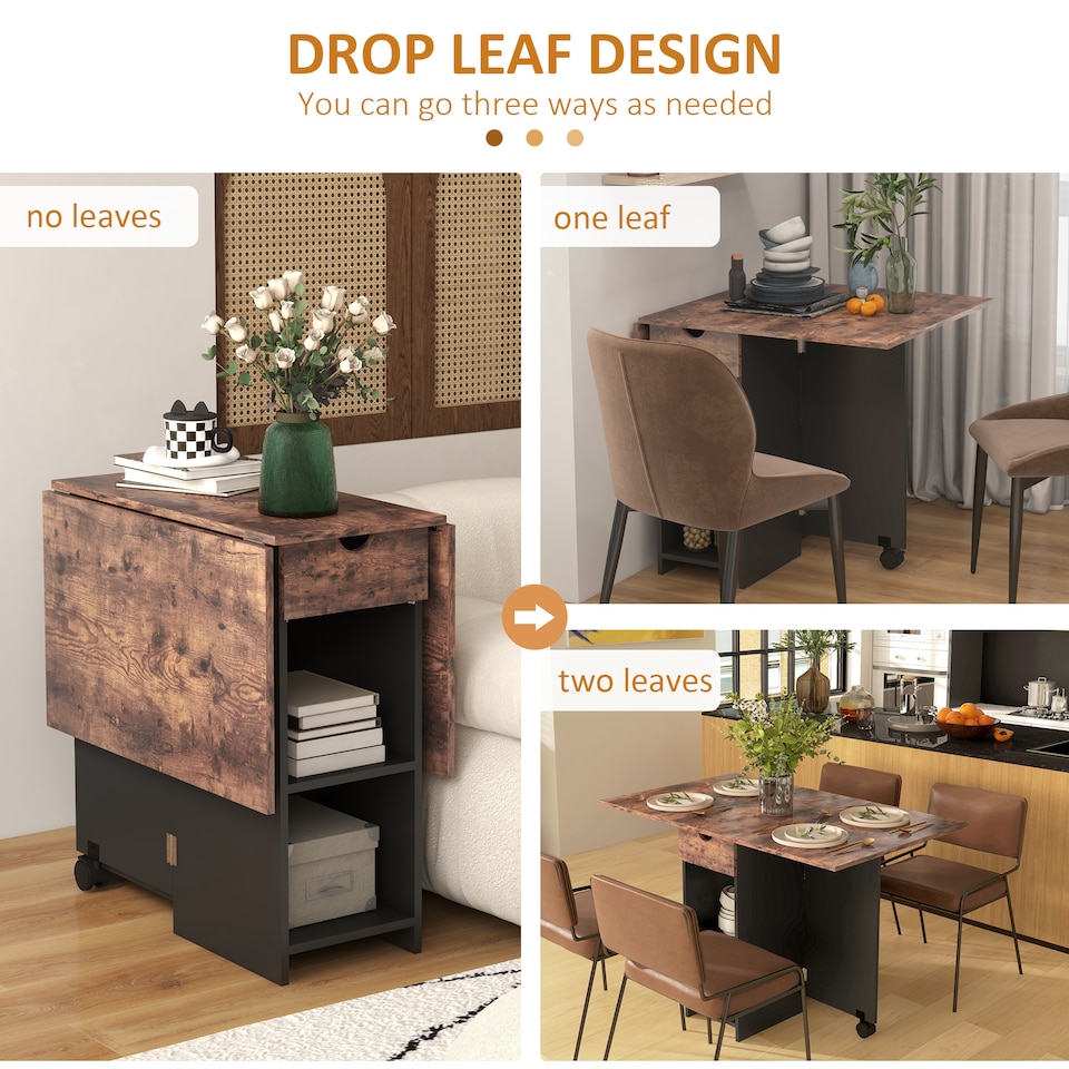 image 1 of HOMCOM Foldable Dining Table, Drop Leaf Table with Storage, Rustic Brown