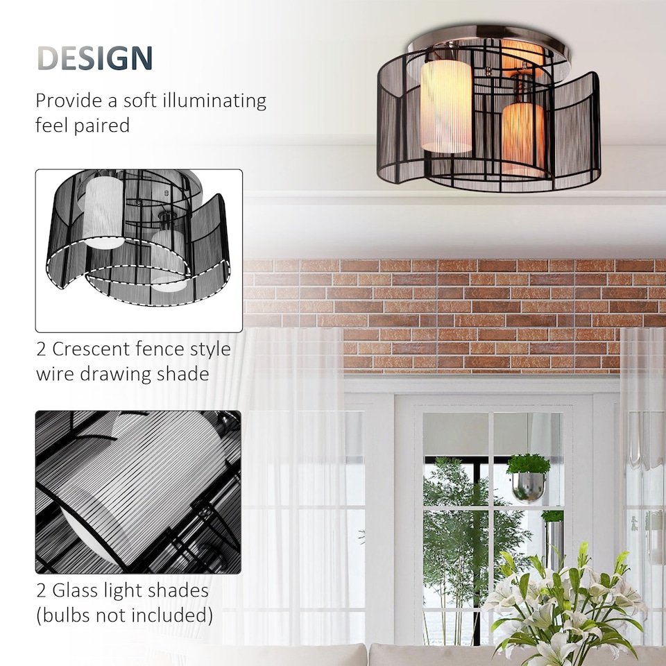 image 1 of HOMCOM Flush Mount Ceiling Light w/ Wire Drawing Lampshade Chrome Finish Black