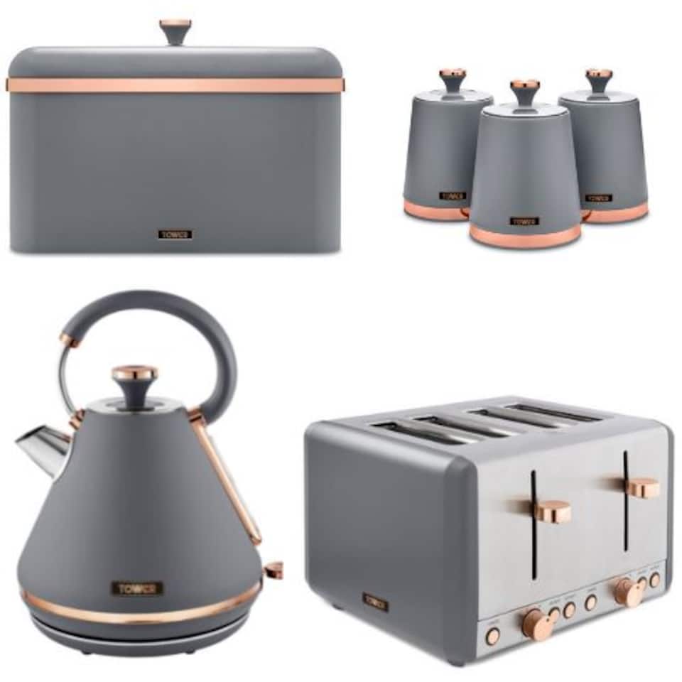 image 1 of Tower Grey & Rose Gold Pyramid Kettle Toaster Bread Bin & Canisters Set