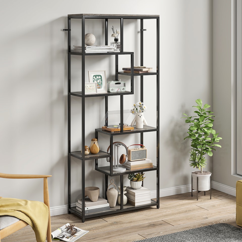 image 1 of HOMCOM 7-Tier Bookshelf, Geometric Bookcase, Industrial Floor Standing Book Shelf, Open Display Shelving Unit for Living Room, Home Office and Bedroom, Grey and Black | Black | Grey and Black