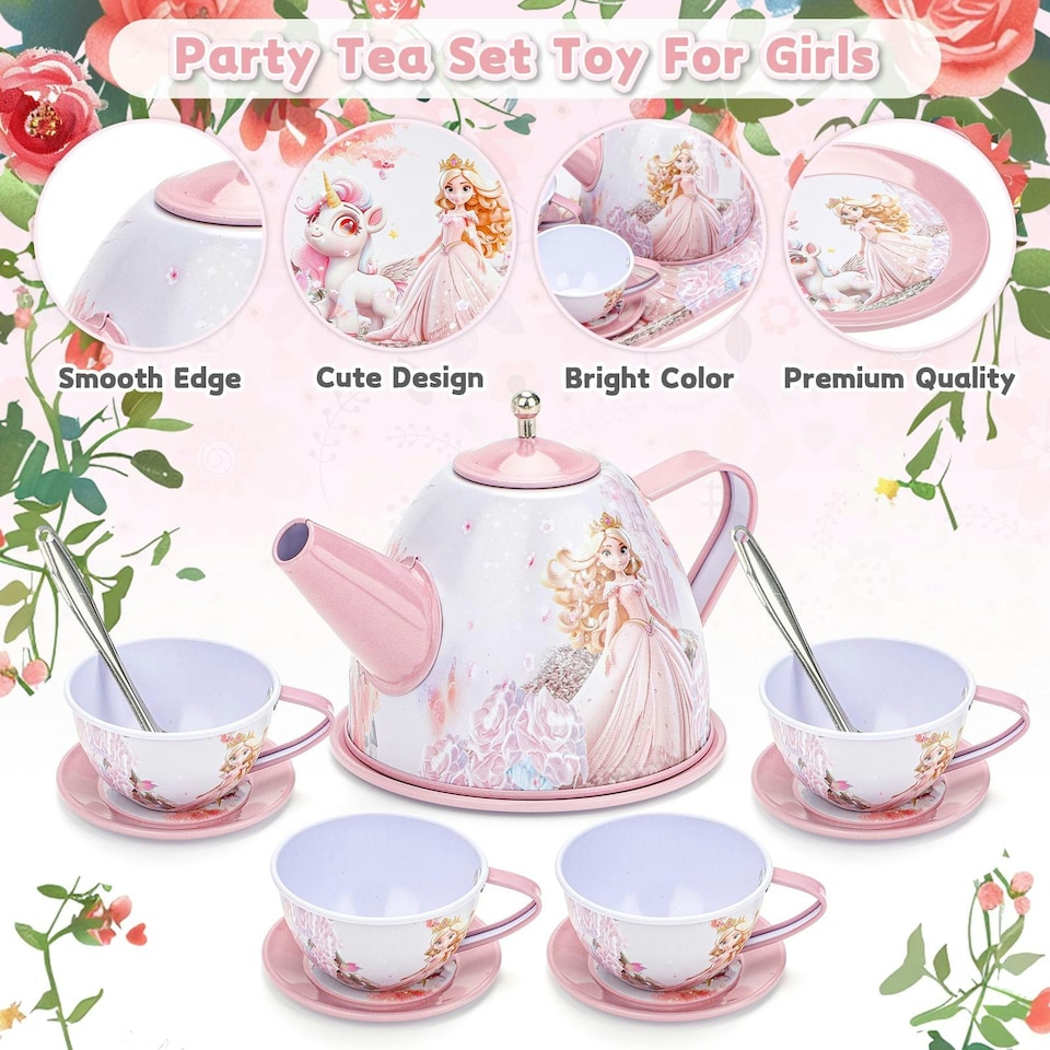 image 1 of Magical Princess Tea Party Set for Kids – Pretend Play Afternoon Tea Set with Cups, Teapot, Utensils & Carry Case