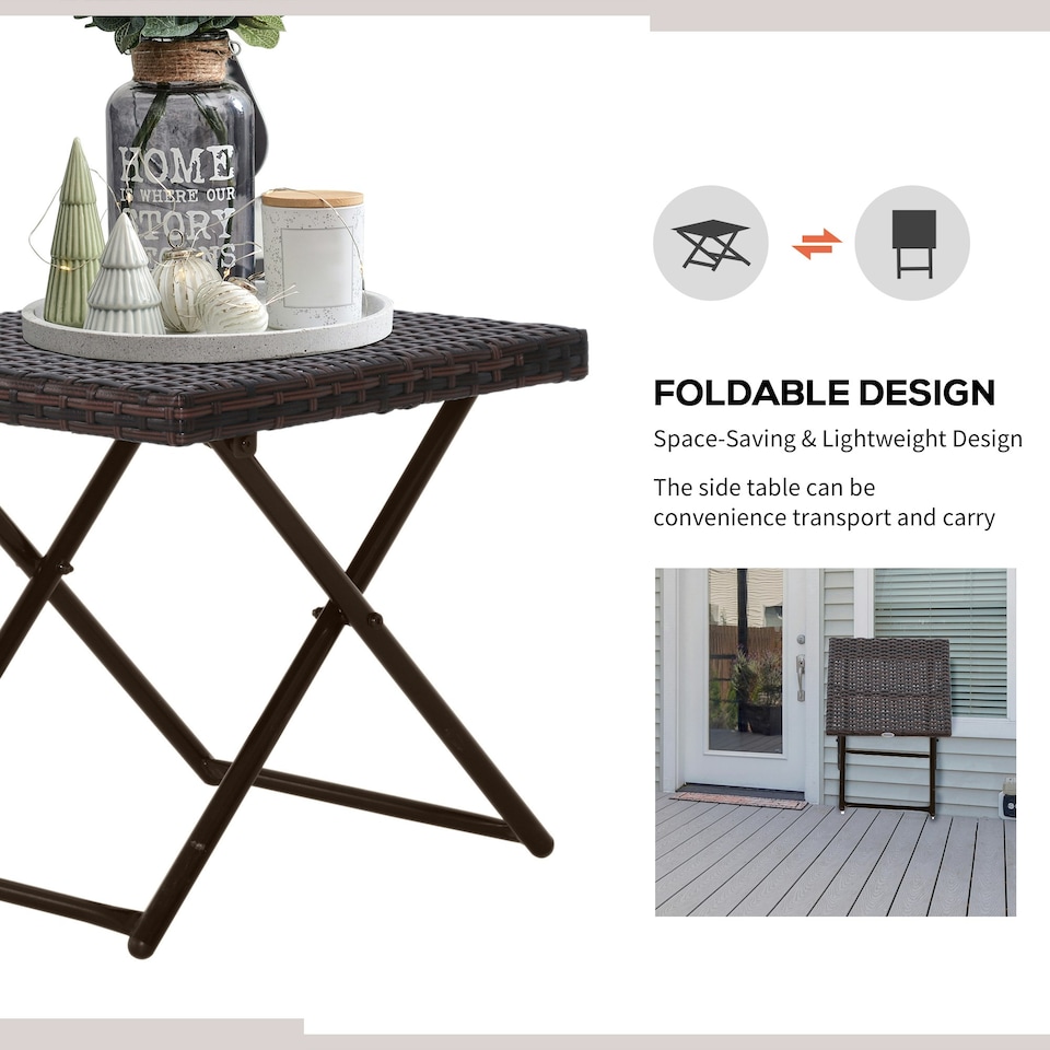 image 1 of Outsunny Folding Square Rattan Coffee Table w/ Steel Frame Bistro Garden Brown